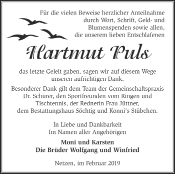 Traueranzeige von Hartmut Puls von Märkische Oderzeitung