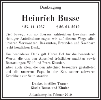 Traueranzeige von Heinrich Busse von Märkische Oderzeitung