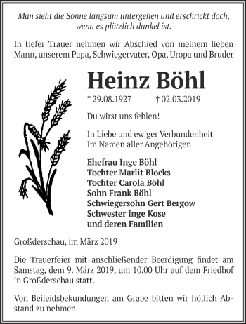 Traueranzeige von Heinz Böhl von Märkische Oderzeitung