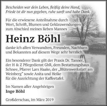 Traueranzeige von Heinz Böhl von Märkische Oderzeitung