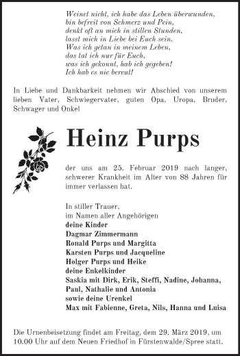 Traueranzeige von Heinz Purps von Märkische Oderzeitung