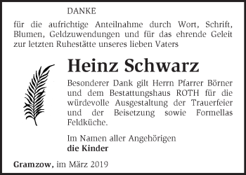 Traueranzeige von Heinz Schwarz von Märkische Oderzeitung