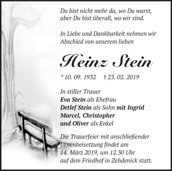Traueranzeige von Heinz Stein von Märkische Oderzeitung