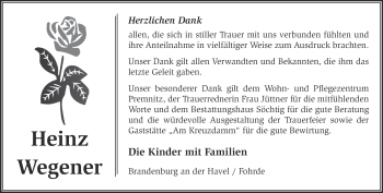 Traueranzeige von Heinz Wegener von Märkische Oderzeitung