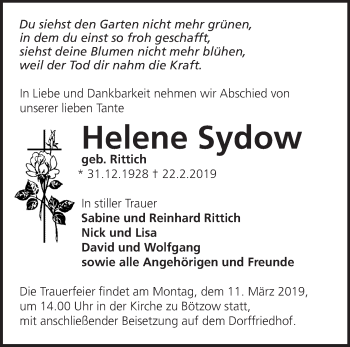 Traueranzeige von Helene Sydow von Märkische Oderzeitung