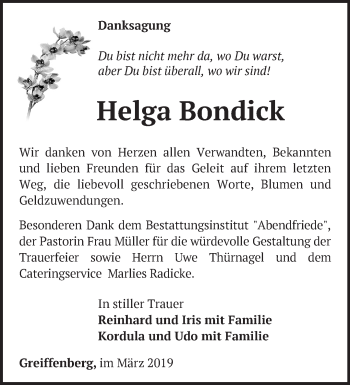 Traueranzeige von Helga Bondick von Märkische Oderzeitung