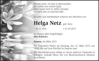 Traueranzeige von Helga Netz von Märkische Oderzeitung