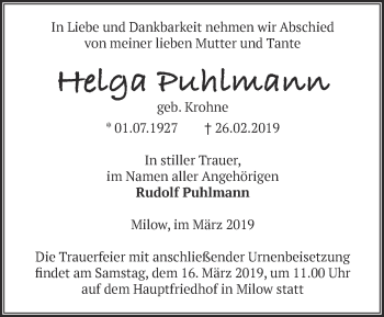 Traueranzeige von Helga Puhlmann von Märkische Oderzeitung