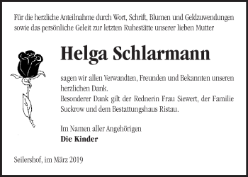 Traueranzeige von Helga Schlarmann von Märkische Oderzeitung