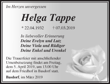 Traueranzeige von Helga Tappe von Märkische Oderzeitung