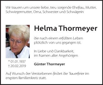Traueranzeige von Helma Thormeyer von Märkische Oderzeitung