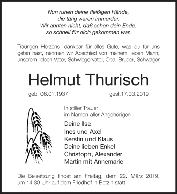 Traueranzeige von Helmut Thurisch von Märkische Oderzeitung