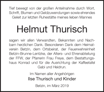 Traueranzeige von Helmut Thurisch von Märkische Oderzeitung