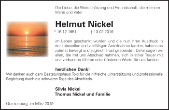 Traueranzeige von Helmut Nickel  von Märkische Oderzeitung
