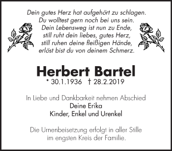 Traueranzeige von Herbert Bartel von Märkische Oderzeitung