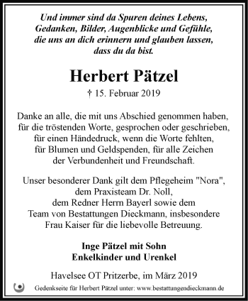 Traueranzeige von Herbert Pätzel von Märkische Oderzeitung