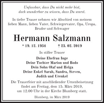 Traueranzeige von Hermann Salzmann von Märkische Oderzeitung