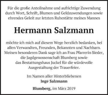 Traueranzeige von Hermann Salzmann von Märkische Oderzeitung