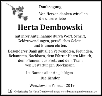 Traueranzeige von Herta Dembowski von Märkische Oderzeitung