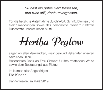 Traueranzeige von Hertha Peglow von Märkische Oderzeitung