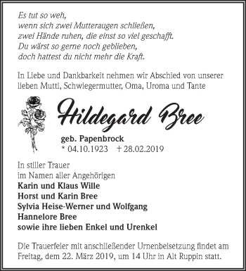Traueranzeige von Hildegard Bree von Märkische Oderzeitung