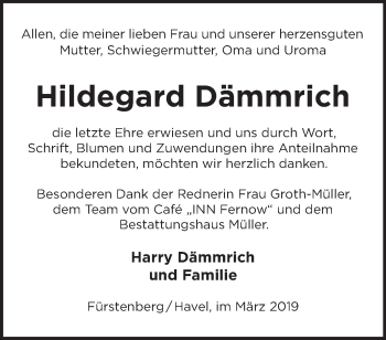 Traueranzeige von Hildegard Dämmrich von Märkische Oderzeitung