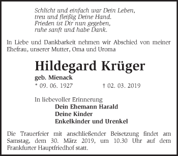 Traueranzeige von Hildegard Krüger von Märkische Oderzeitung