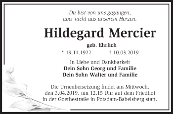 Traueranzeige von Hildegard Mercier von Märkische Oderzeitung