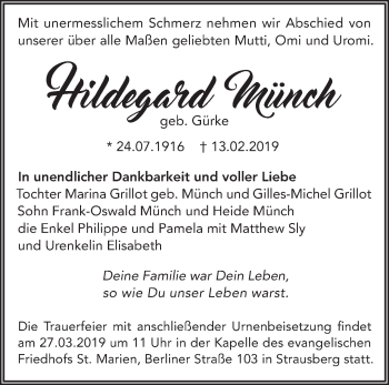 Traueranzeige von Hildegard Münch von Märkische Oderzeitung