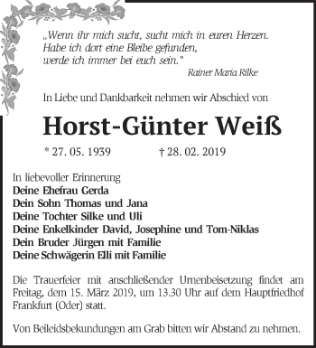 Traueranzeige von Horst-Günter Weiß von Märkische Oderzeitung