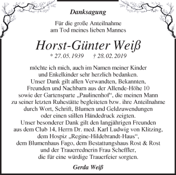 Traueranzeige von Horst-Günter Weiß von Märkische Oderzeitung