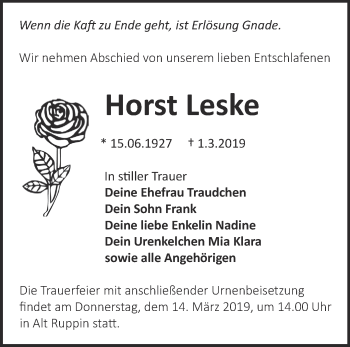 Traueranzeige von Horst Leske von Märkische Oderzeitung