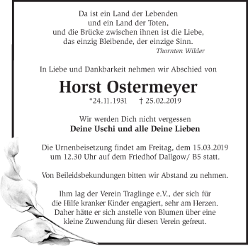 Traueranzeige von Horst Ostermeyer von Märkische Oderzeitung