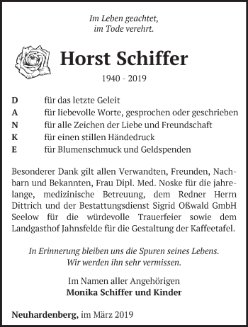 Traueranzeige von Horst Schiffer von Märkische Oderzeitung