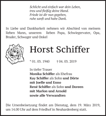 Traueranzeige von Horst Schiffer von Märkische Oderzeitung