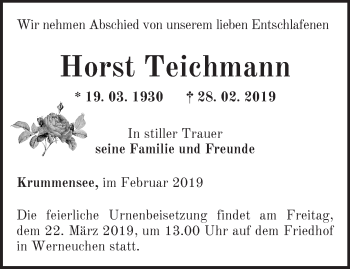 Traueranzeige von Horst Teichmann von Märkische Oderzeitung