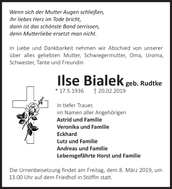 Traueranzeige von Ilse Bialek von Märkische Oderzeitung