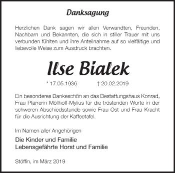 Traueranzeige von Ilse Bialek von Märkische Oderzeitung