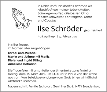 Traueranzeige von Ilse Schröder von Märkische Oderzeitung