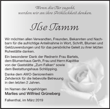 Traueranzeige von Ilse Tamm von Märkische Oderzeitung