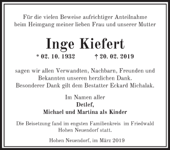 Traueranzeige von Inge Kiefert von Märkische Oderzeitung
