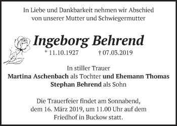 Traueranzeige von Ingeborg Behrend von Märkische Oderzeitung