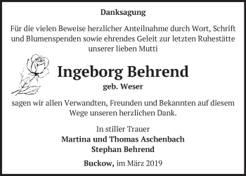 Traueranzeige von Ingeborg Behrend von Märkische Oderzeitung