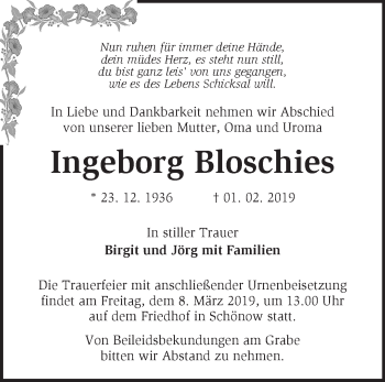 Traueranzeige von Ingeborg Bloschies von Märkische Oderzeitung