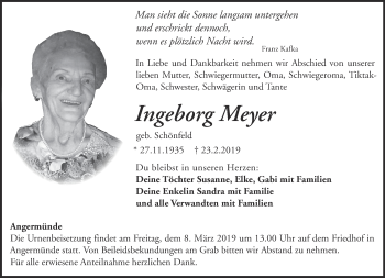 Traueranzeige von Ingeborg Meyer von Märkische Oderzeitung