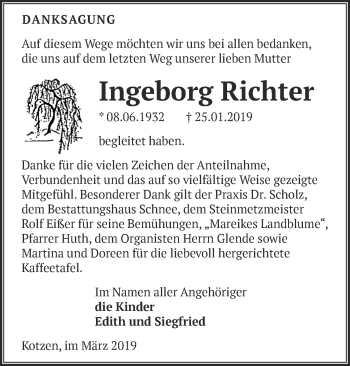 Traueranzeige von Ingeborg Richter von Märkische Oderzeitung