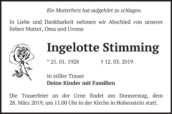 Traueranzeige von Ingelotte Stimming von Märkische Oderzeitung