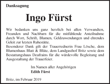 Traueranzeige von Ingo Fürst von Märkische Oderzeitung