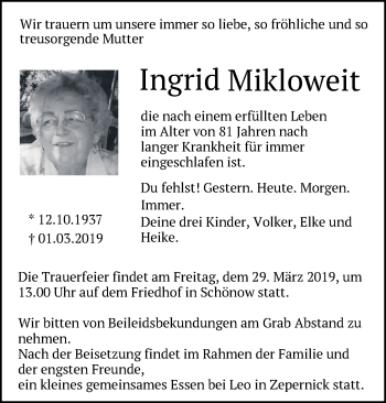 Traueranzeige von Ingrid Mikloweit von Märkische Oderzeitung