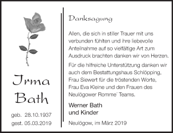 Traueranzeige von Irma Bath von Märkische Oderzeitung